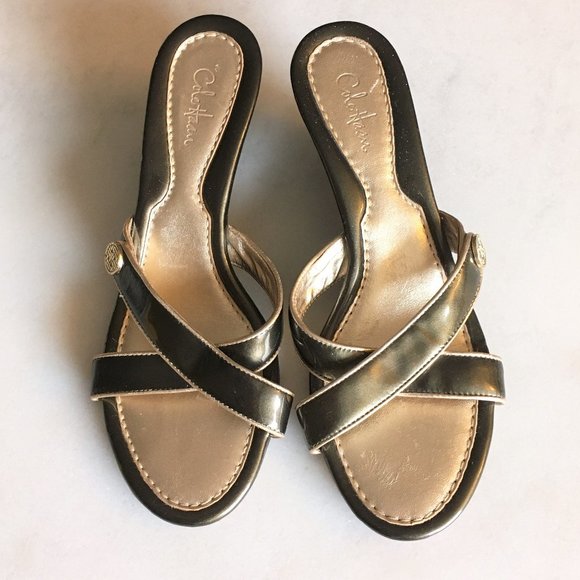 Cole Haan mule wedge sandals, olive green & gold, patent leather X cross - Picture 1 of 9